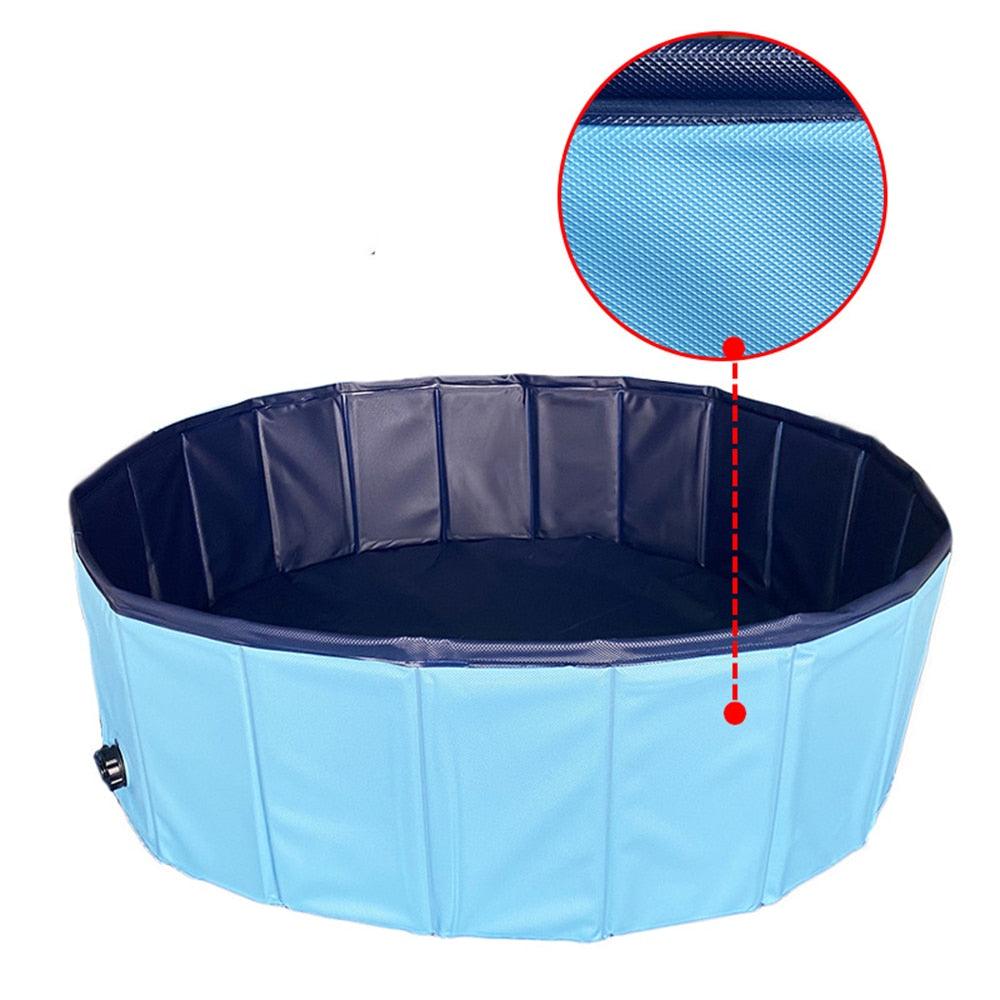 Foldable dog pool in light blue with navy interior, collapsible pet bathing tub by Stevvex on Tampa Home & Garden Store