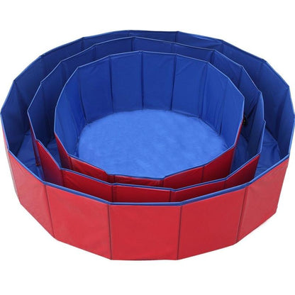 Foldable dog pool with red exterior and blue collapsible PVC walls for large and small dogs on Tampa Home & Garden Store