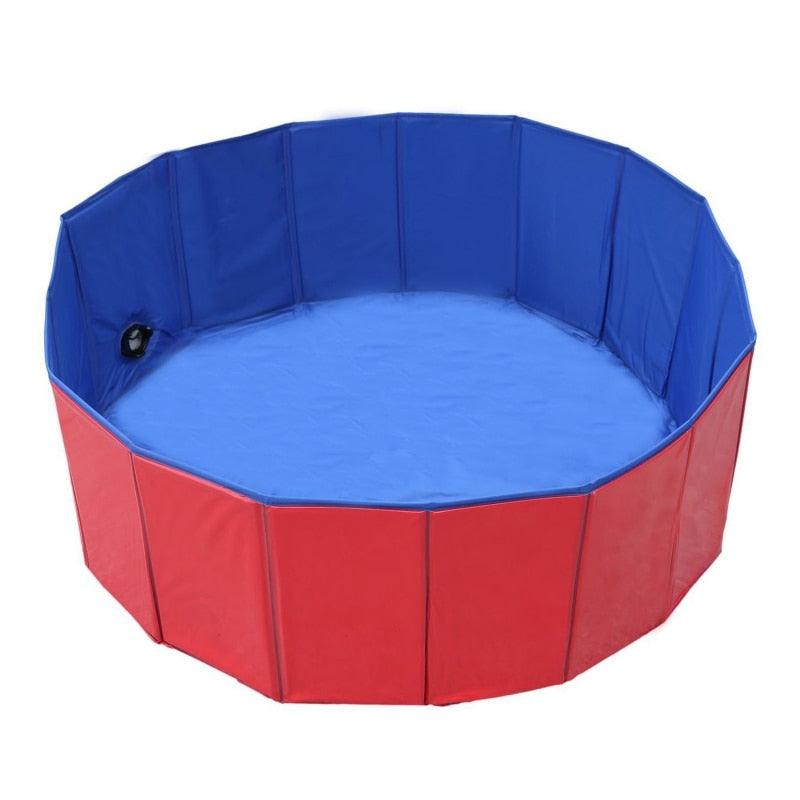 Stevvex foldable dog pool with red panels and blue interior, collapsible PVC bath tub for dogs on Tampa Home & Garden Store