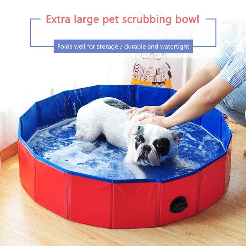 Foldable dog pool with red exterior and blue interior, collapsible PVC tub for dogs on Tampa Home & Garden Store
