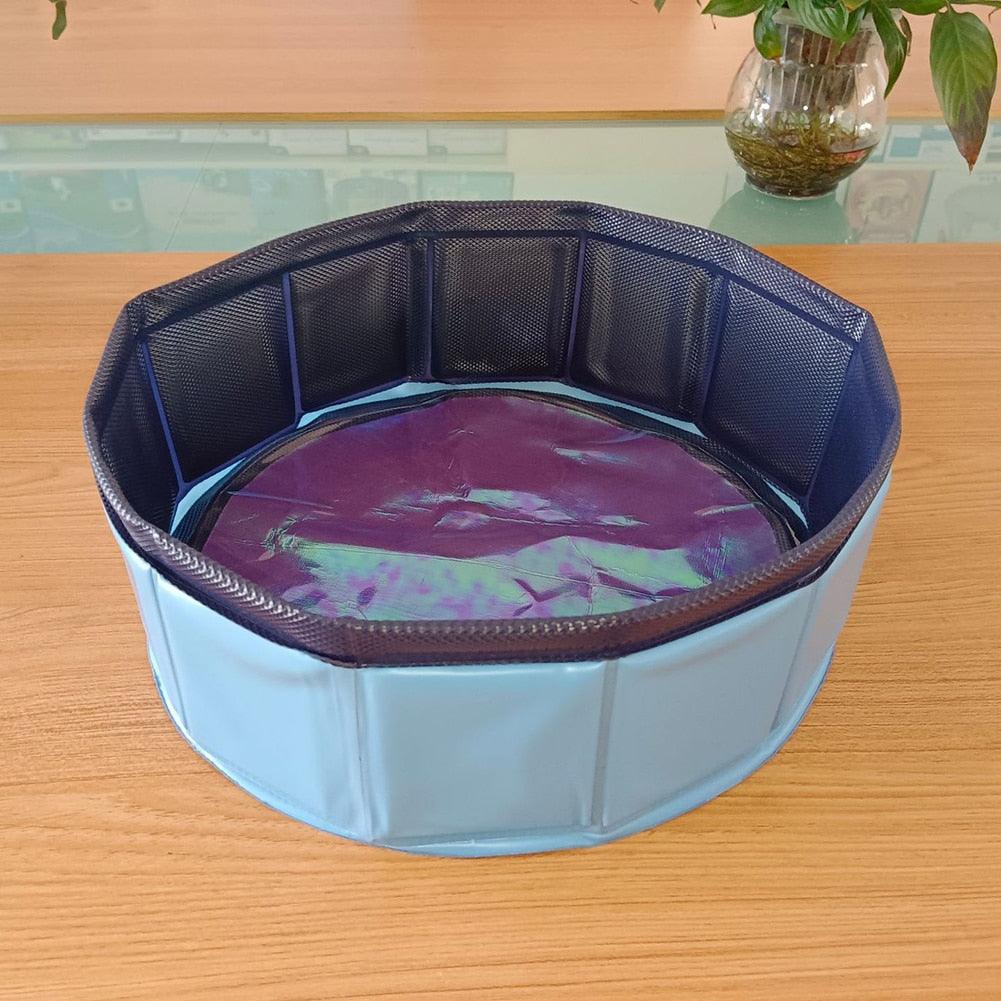Stevvex foldable dog pool, round blue PVC collapsible pet bath tub with interior panels on Tampa Home & Garden Store