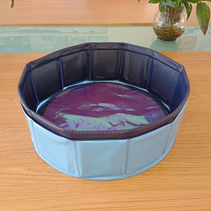 Stevvex foldable dog pool, round blue PVC collapsible pet bath tub with interior panels on Tampa Home & Garden Store