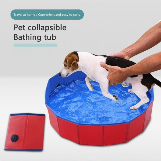 Foldable pet bathing pool by Stevvex for dogs and cats, red exterior blue interior, PVC pool on Tampa Home & Garden Store