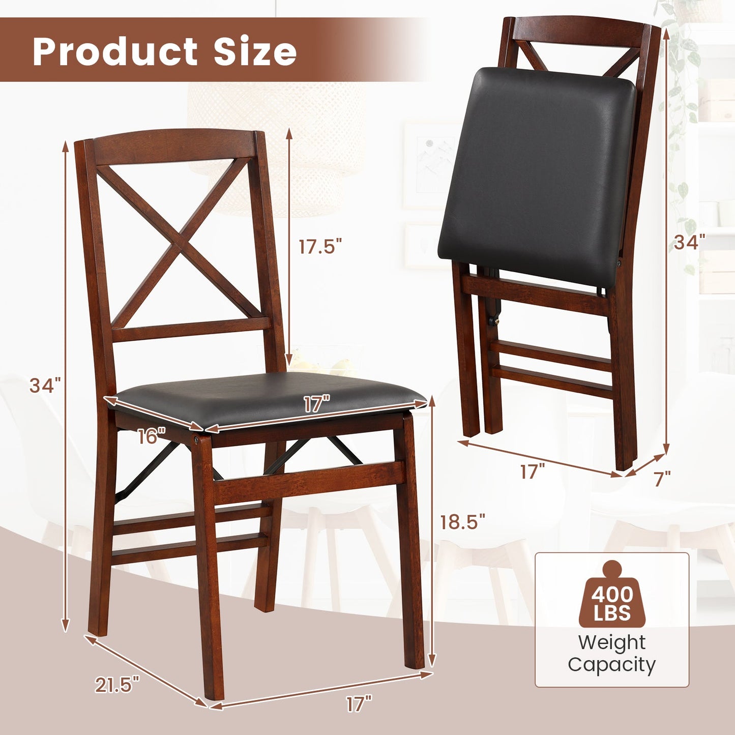 Set of 2 Folding Dining Chairs with 400 LBS Capacity-Brown - Tampa Home & Garden Store