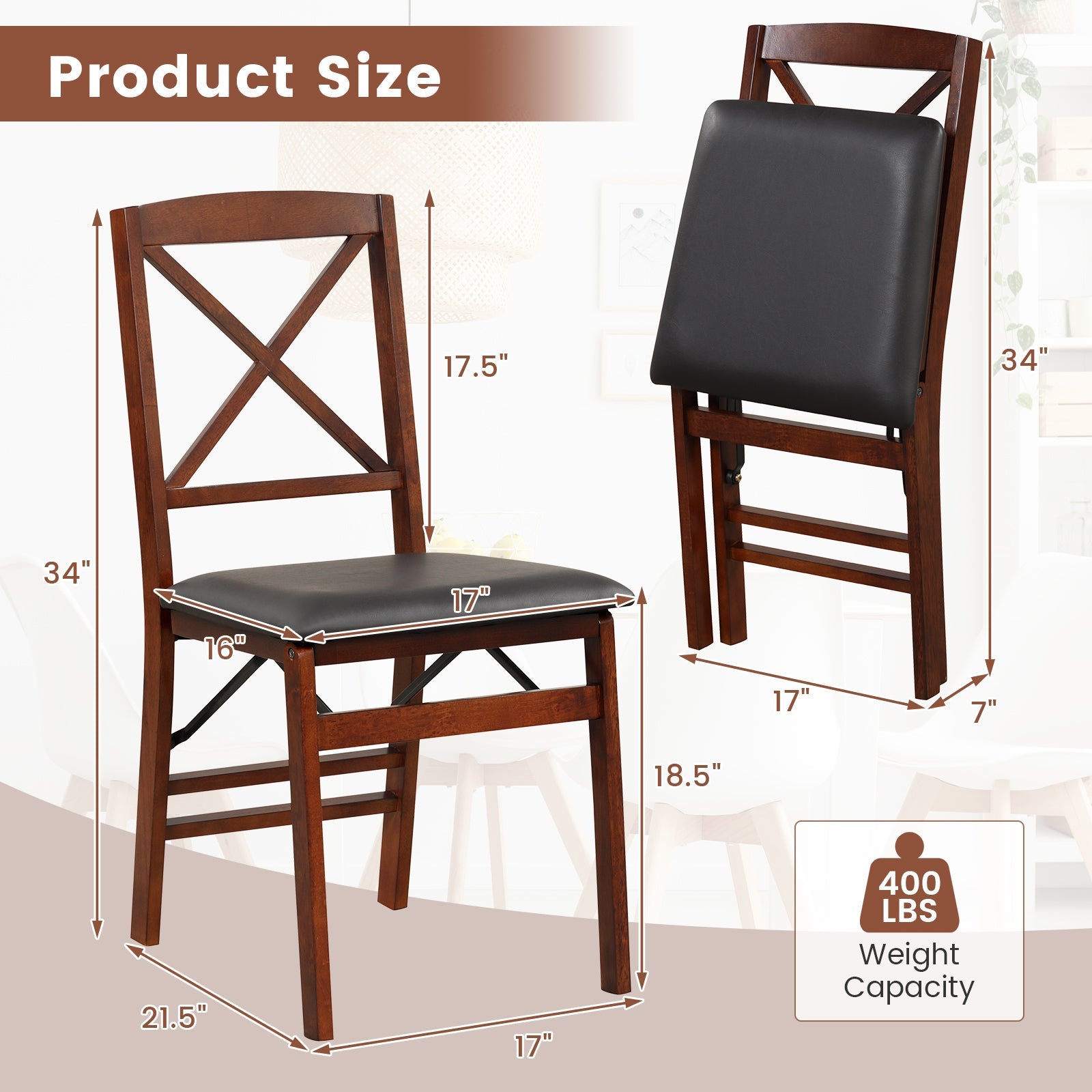 Set of 2 Folding Dining Chairs with 400 LBS Capacity-Brown - Tampa Home & Garden Store