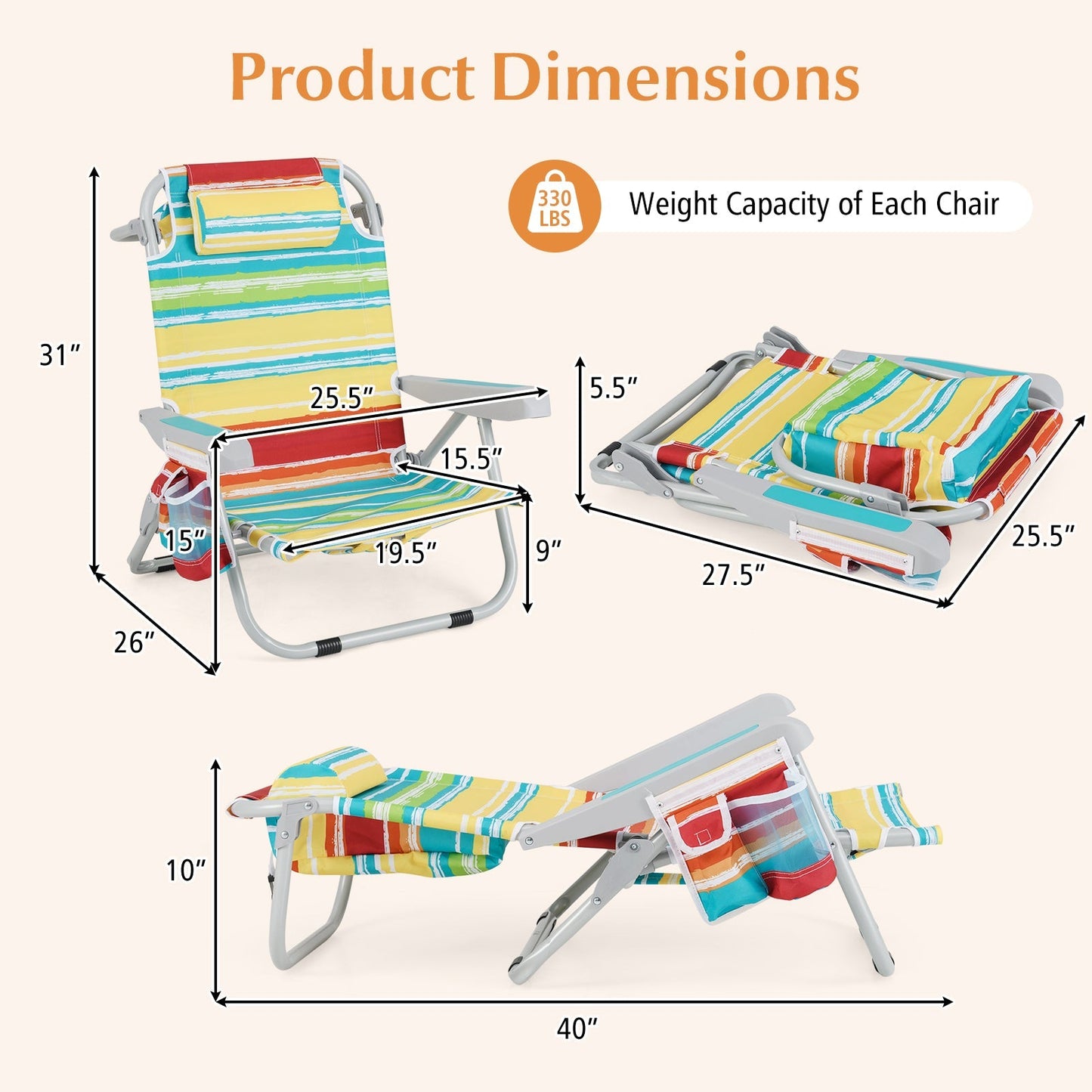 GemGear foldable backpack beach chair set of 2 with cup holder and storage pockets stripes on Tampa Home & Garden Store