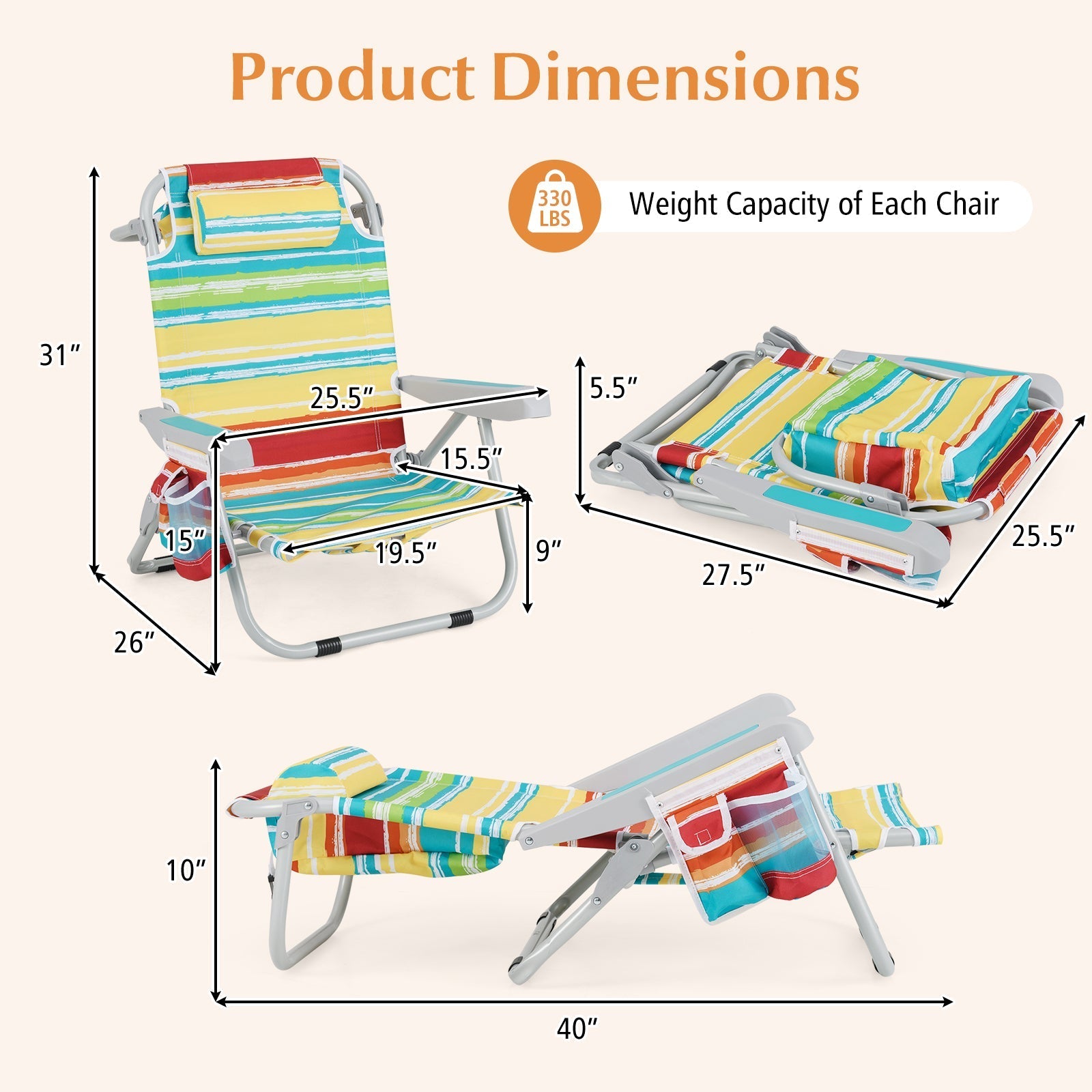GemGear foldable backpack beach chair set of 2 with cup holder and storage pockets stripes on Tampa Home & Garden Store