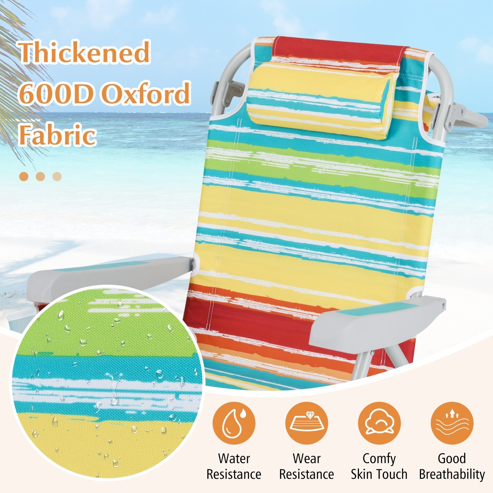 Foldable backpack beach chair with cup holder and pockets, striped 600D fabric, set of 2 on Tampa Home & Garden Store