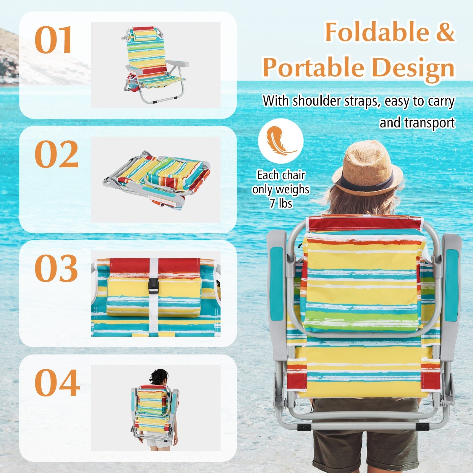 GemGear foldable striped beach chair with cup holder and storage pockets set of 2 on Tampa Home & Garden Store