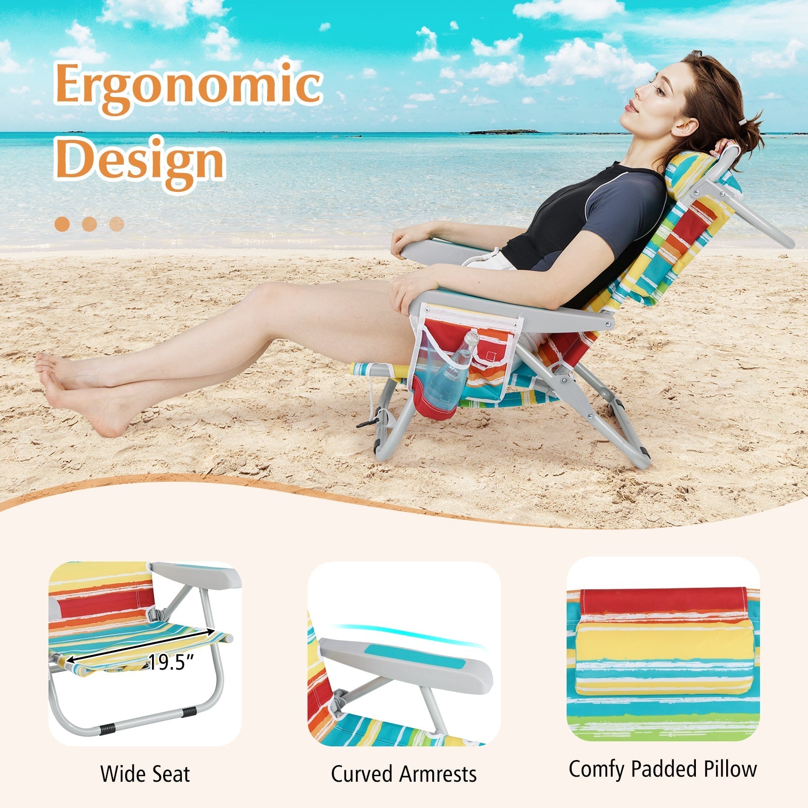 GemGear foldable backpack beach chair with cup holder and storage pockets on striped fabric on Tampa Home & Garden Store