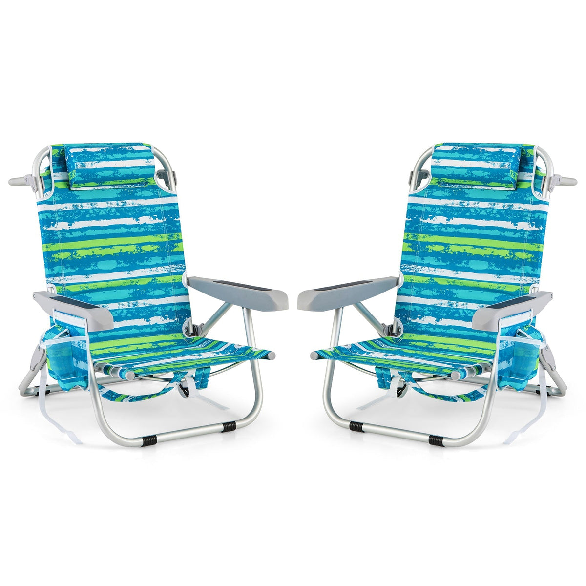 GemGear foldable backpack beach chair set of 2 with cup holder and storage pockets, striped blue-green fabric on Tampa Home & Garden Store
