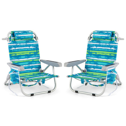 GemGear foldable backpack beach chair set of 2 with cup holder and storage pockets, striped blue-green fabric on Tampa Home & Garden Store