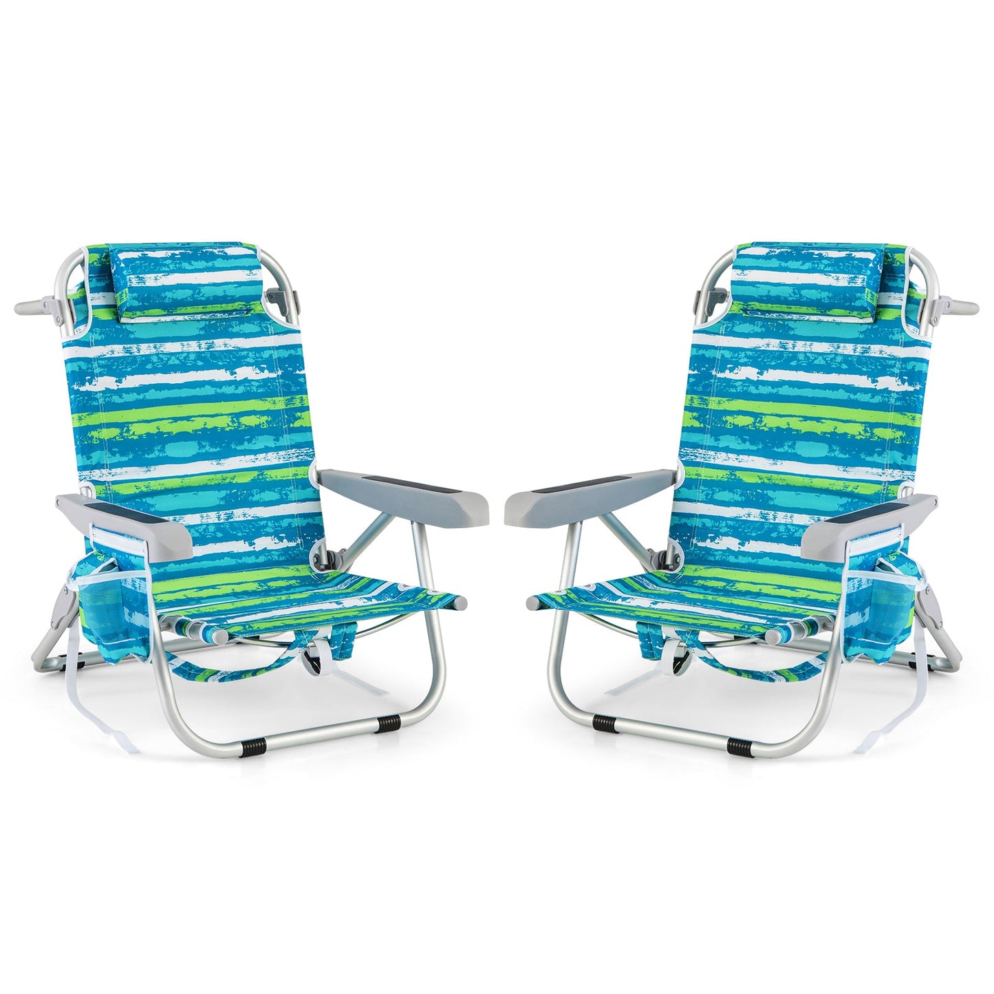 Foldable Backpack Beach Chair with Cup Holder and Storage Pockets Set of 2-Multicolor