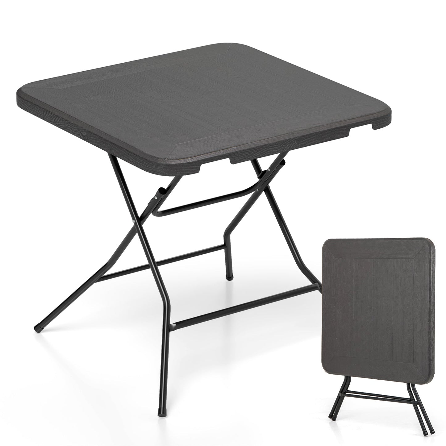 Mesa de comedor plegable de 2.6FT con tablero de HDPE con vetas de madera y almohadillas antideslizantes para los pies-Negro