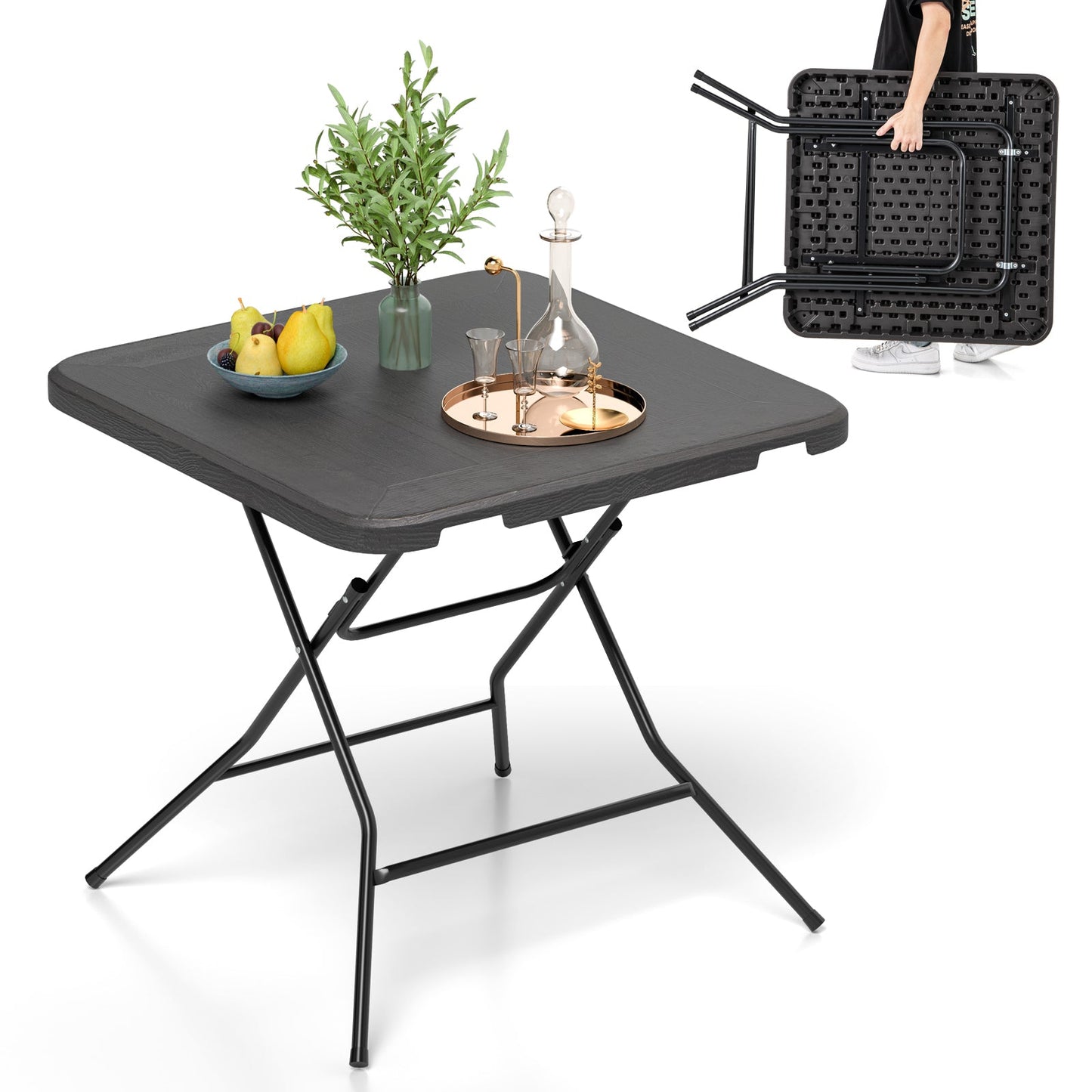 Mesa de comedor plegable de 2.6FT con tablero de HDPE con vetas de madera y almohadillas antideslizantes para los pies-Negro