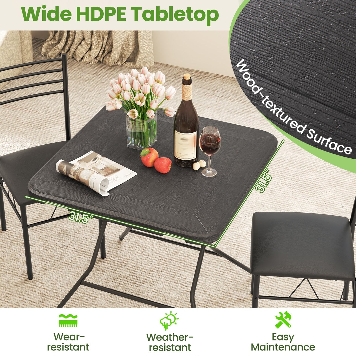 Mesa de comedor plegable de 2.6FT con tablero de HDPE con vetas de madera y almohadillas antideslizantes para los pies-Negro