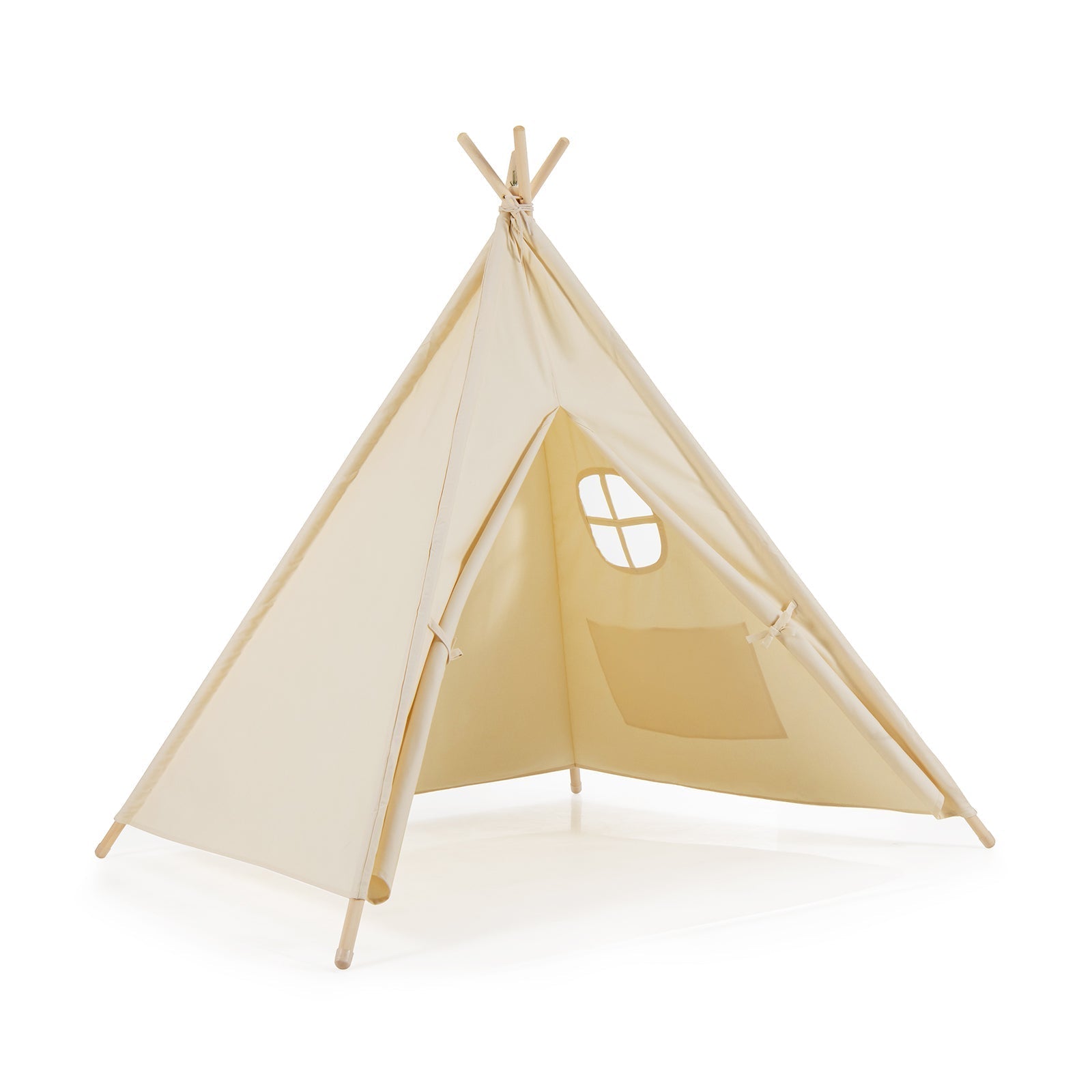 Foldable kids canvas teepee play tent by GemGear in cream with wooden poles and small window on Tampa Home & Garden Store