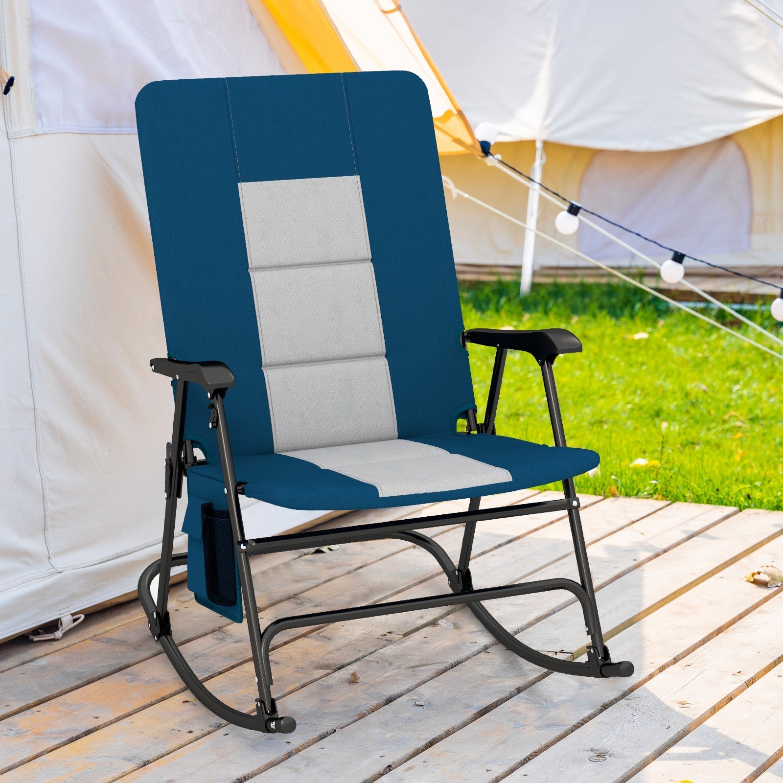 GemGear foldable rocking camping chair with padded blue fabric and backrest, armrests on Tampa Home & Garden Store
