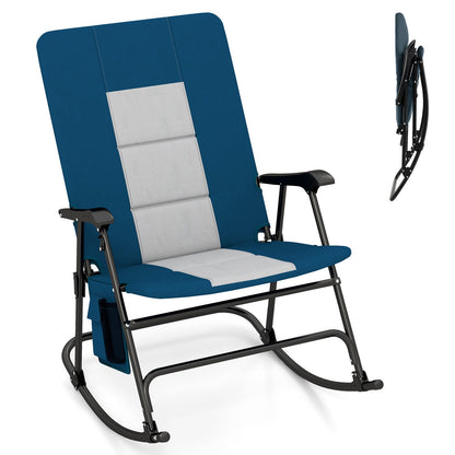 Foldable rocking padded camping chair GemGear with blue fabric and gray cushions on Tampa Home & Garden Store