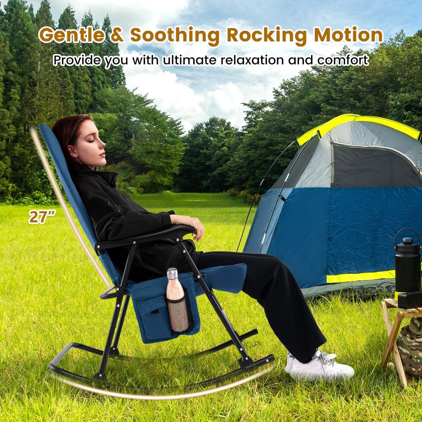 GemGear Foldable rocking padded camping chair with backrest and armrests, blue fabric on Tampa Home & Garden Store