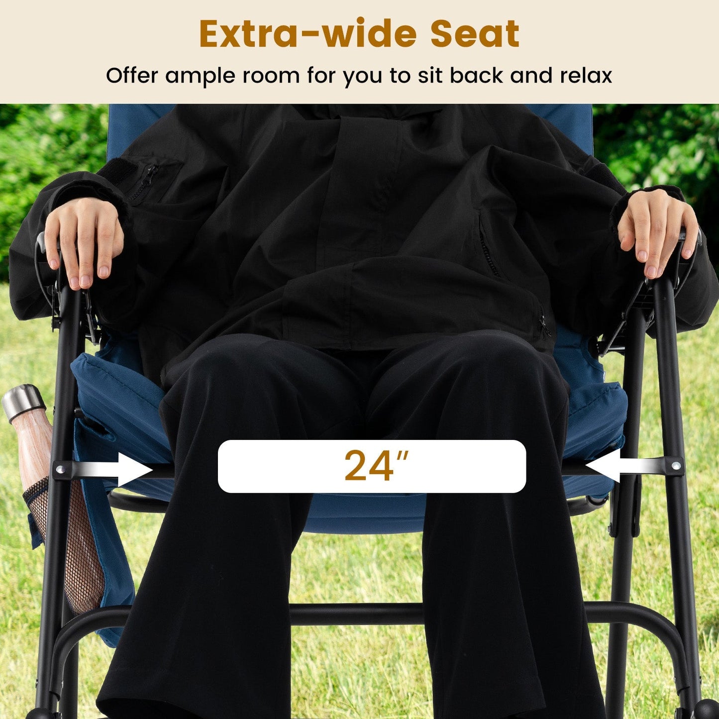 Foldable rocking padded camping chair with backrest and armrests, black fabric, 24in wide on Tampa Home & Garden Store