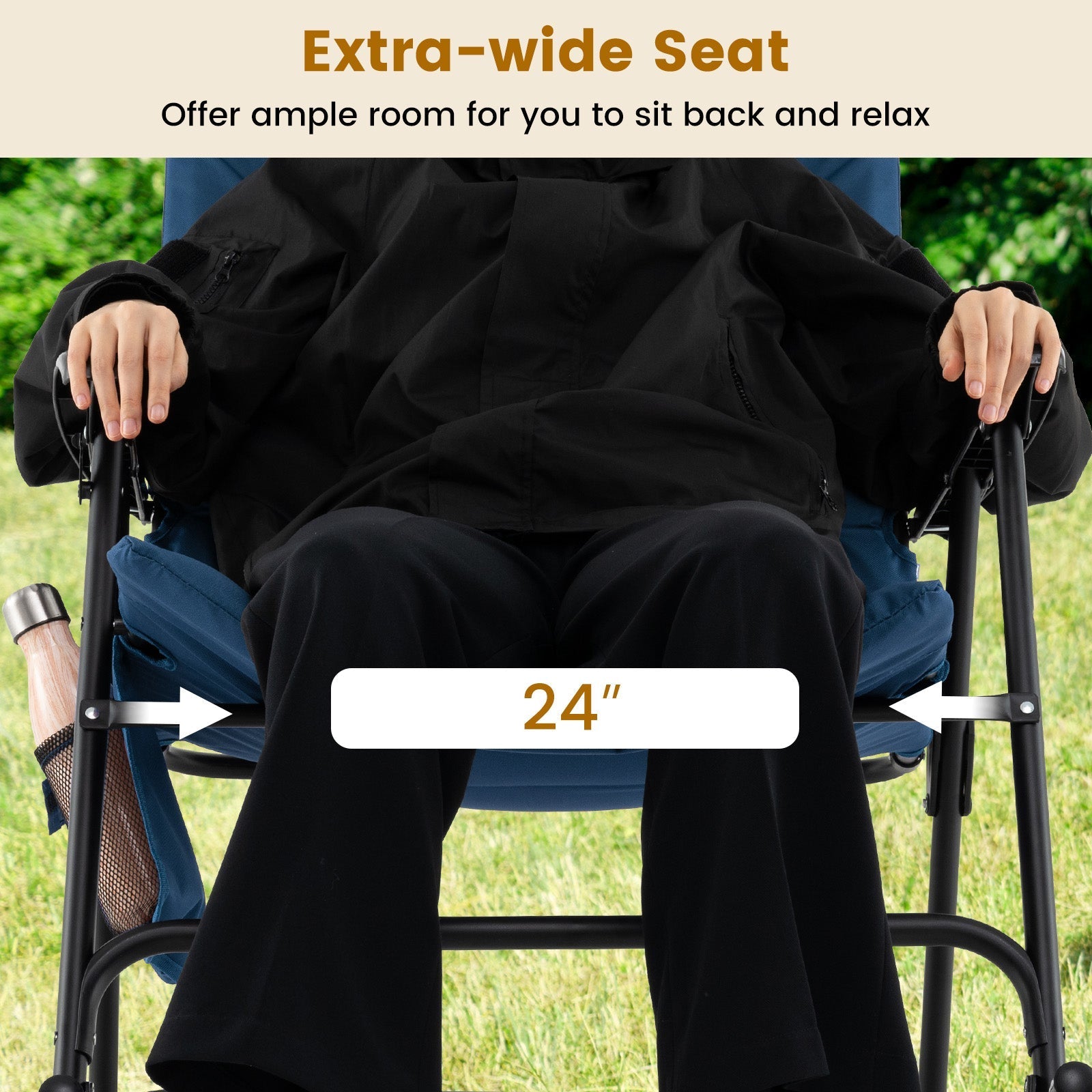 Foldable rocking padded camping chair with backrest and armrests, black fabric, 24in wide on Tampa Home & Garden Store