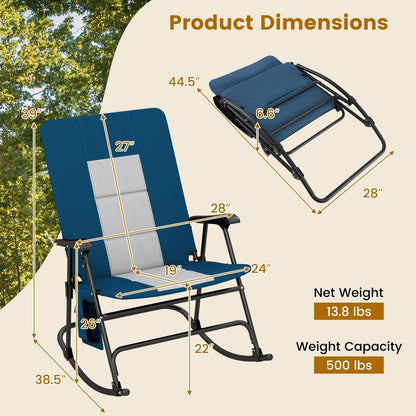 GemGear blue folding rocking padded camping chair with backrest and armrests 39 H x 24 W x 22 D on Tampa Home & Garden Store