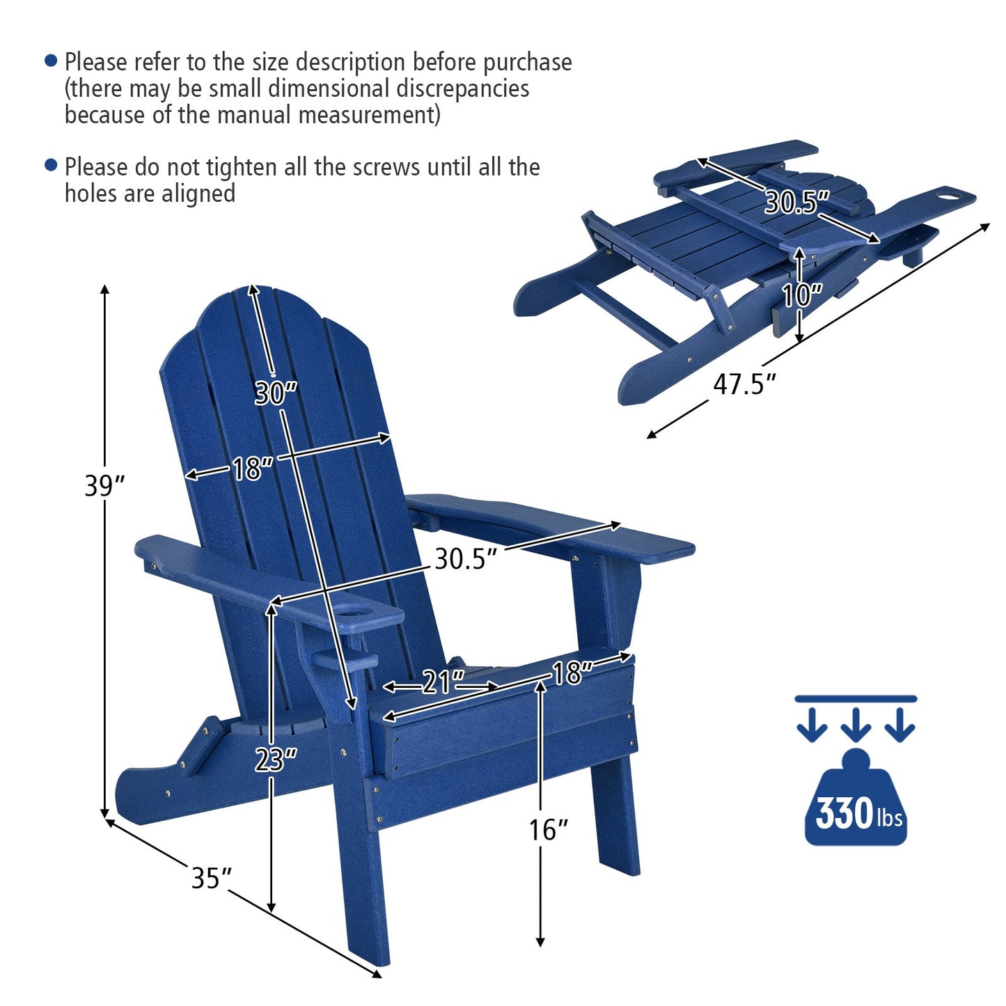 Silla de patio plegable resistente a la intemperie con portavasos incorporado - Azul marino