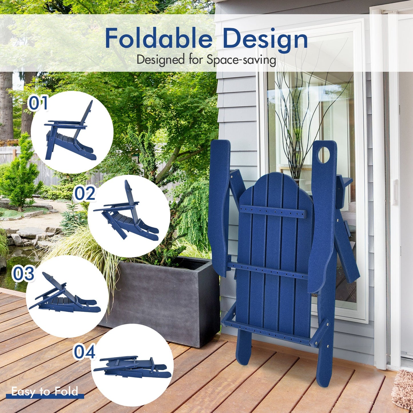 Silla de patio plegable resistente a la intemperie con portavasos incorporado - Azul marino