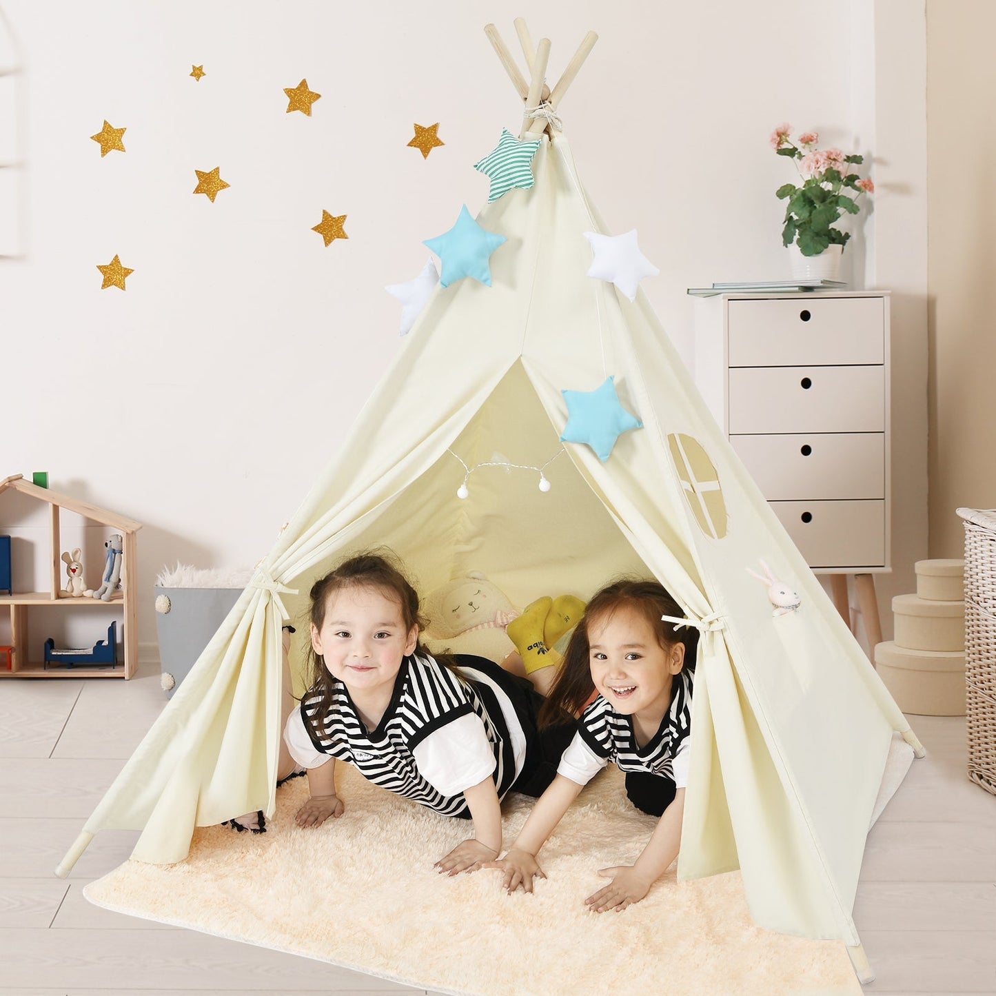 GemGear Foldable Kids Canvas Teepee in cream canvas with star decor, kids peeking inside on Tampa Home & Garden Store