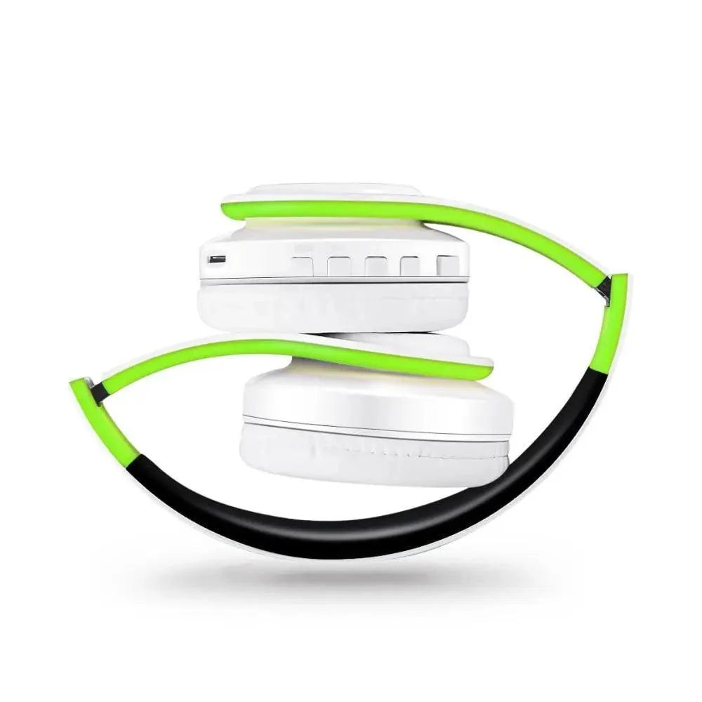 Stevvex folding Bluetooth wireless headphones with white earcups and neon green and black headband on Tampa Home & Garden Store
