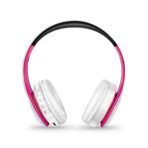Folding Bluetooth Headphones white ear cups with pink headband, wireless stereo headset mic on Tampa Home & Garden Store