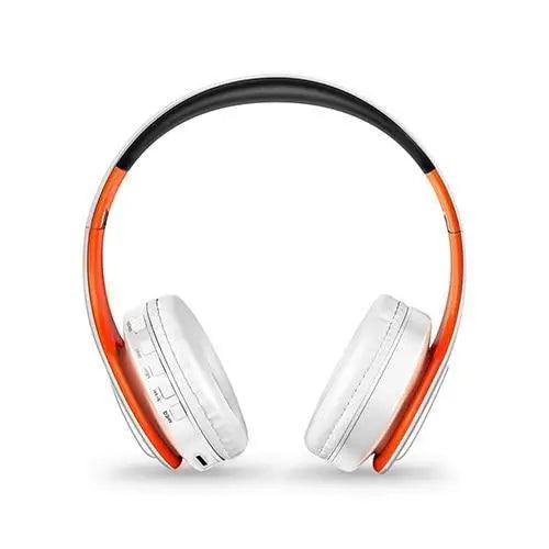 Stevvex folding Bluetooth wireless headphones white ear cups and orange frame with mic on Tampa Home & Garden Store