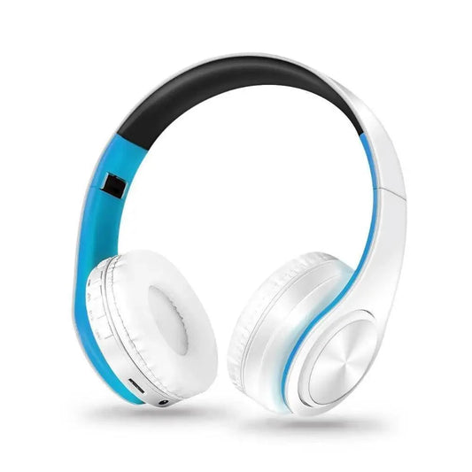 Stevvex folding Bluetooth wireless headphones blue white with comfortable over-ear cushions on Tampa Home & Garden Store