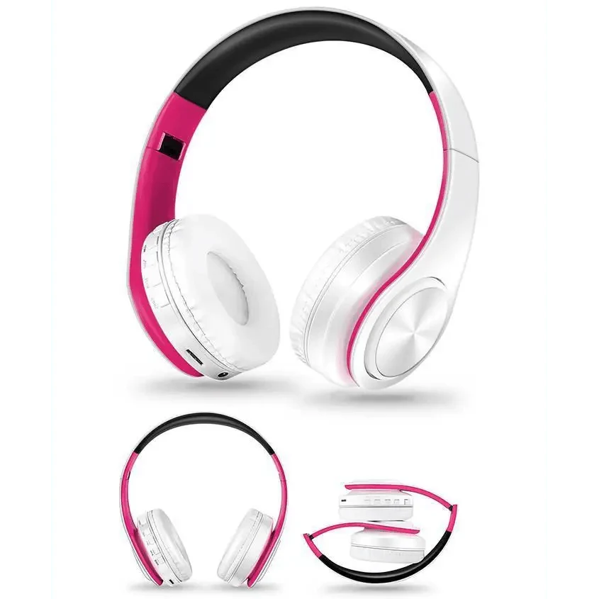 Stevvex folding Bluetooth headphones white pink with black headband and cushioned ear cups on Tampa Home & Garden Store