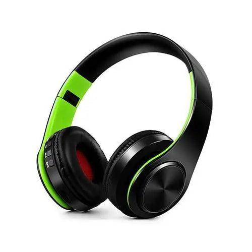 Stevvex folding Bluetooth wireless headphones with lime-green cushions on Tampa Home & Garden Store