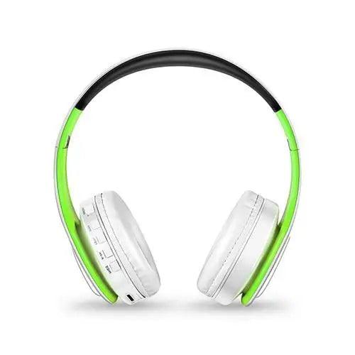 Stevvex folding Bluetooth headphones white with neon green accents, wireless stereo headset on Tampa Home & Garden Store