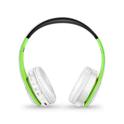Stevvex folding Bluetooth headphones white with neon green accents, wireless stereo headset on Tampa Home & Garden Store