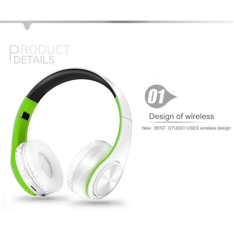 Stevvex folding Bluetooth headphones in white with green accents, over-ear earmuffs on Tampa Home & Garden Store