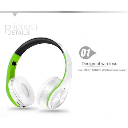 Stevvex folding Bluetooth headphones in white with green accents, over-ear earmuffs on Tampa Home & Garden Store