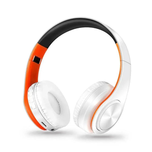 Folding Bluetooth wireless headphones in white with orange inner band and black headband on Tampa Home & Garden Store