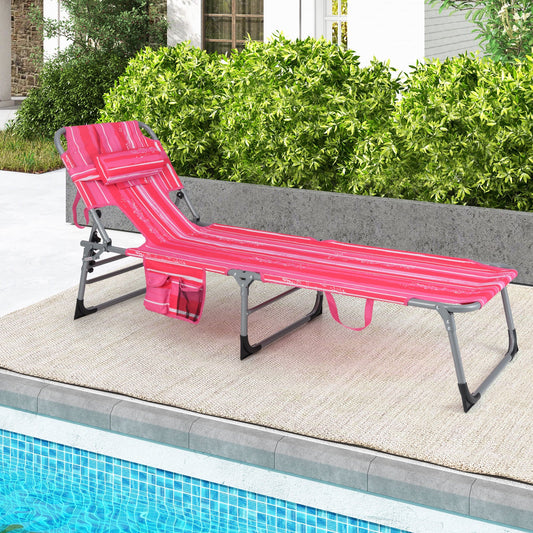Folding Beach Lounge Chair with Pillow for Outdoor-Pink and White - Tampa Home & Garden Store