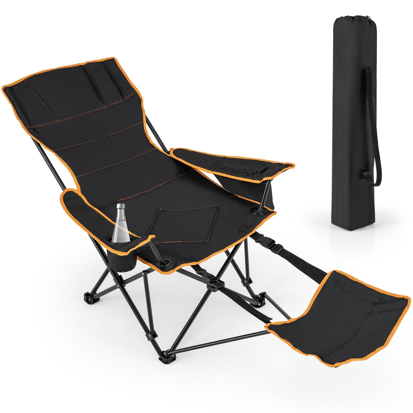 Sillón plegable de camping con reposapiés y bolsa de transporte (negro)