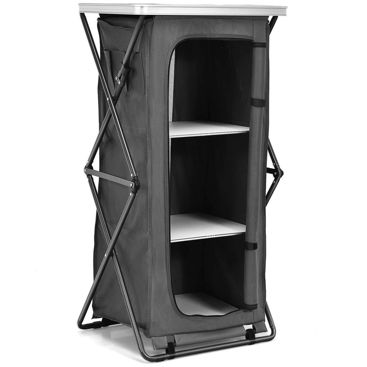 GemGear folding camping storage cabinet with 3 white shelves in gray fabric on Tampa Home & Garden Store