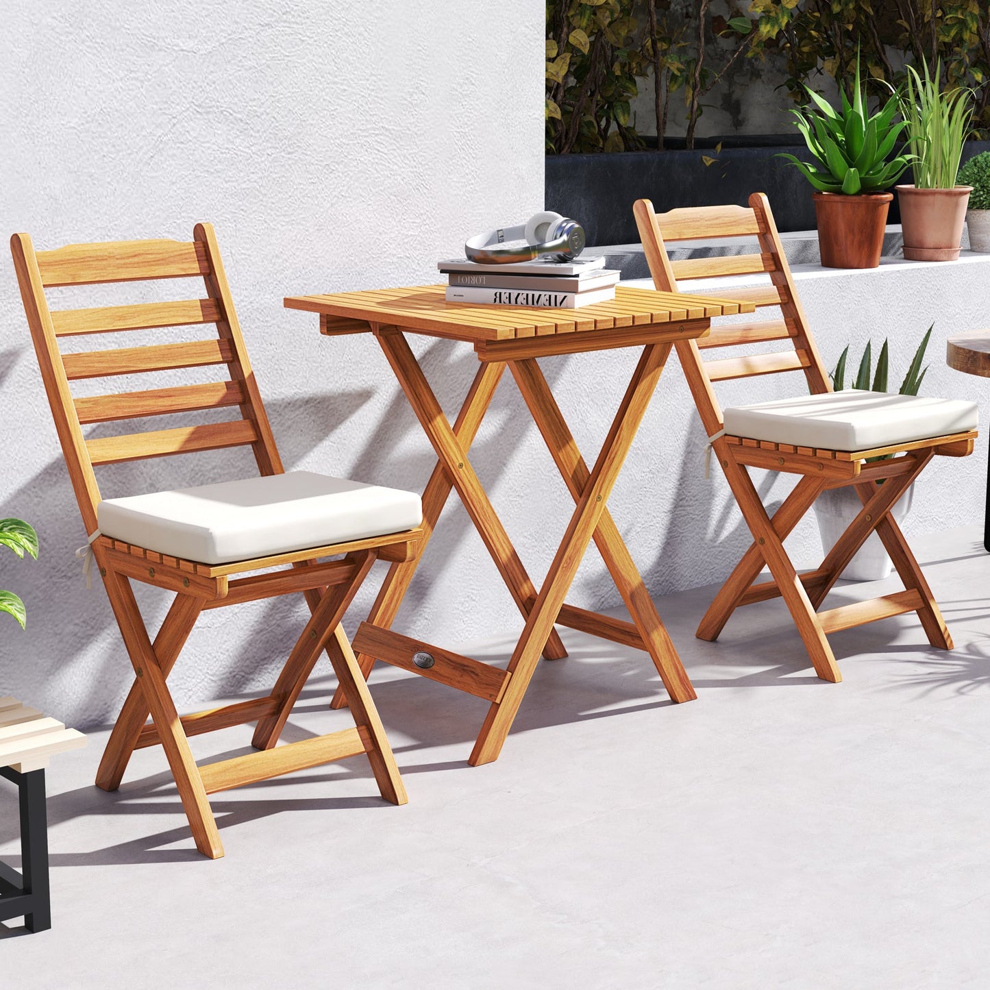 Juego de mesa y sillas plegables con cojines de asiento suaves y mesa - Blanco