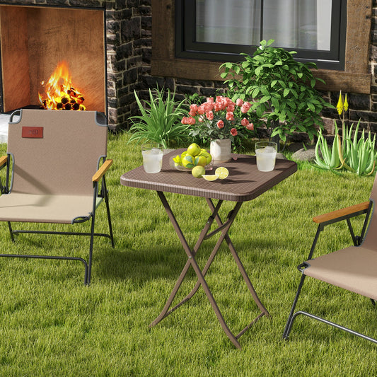 Folding Picnic Table with Rattan Grain HDPE Tabletop and Sturdy Metal Fame-Coffee - Tampa Home & Garden Store