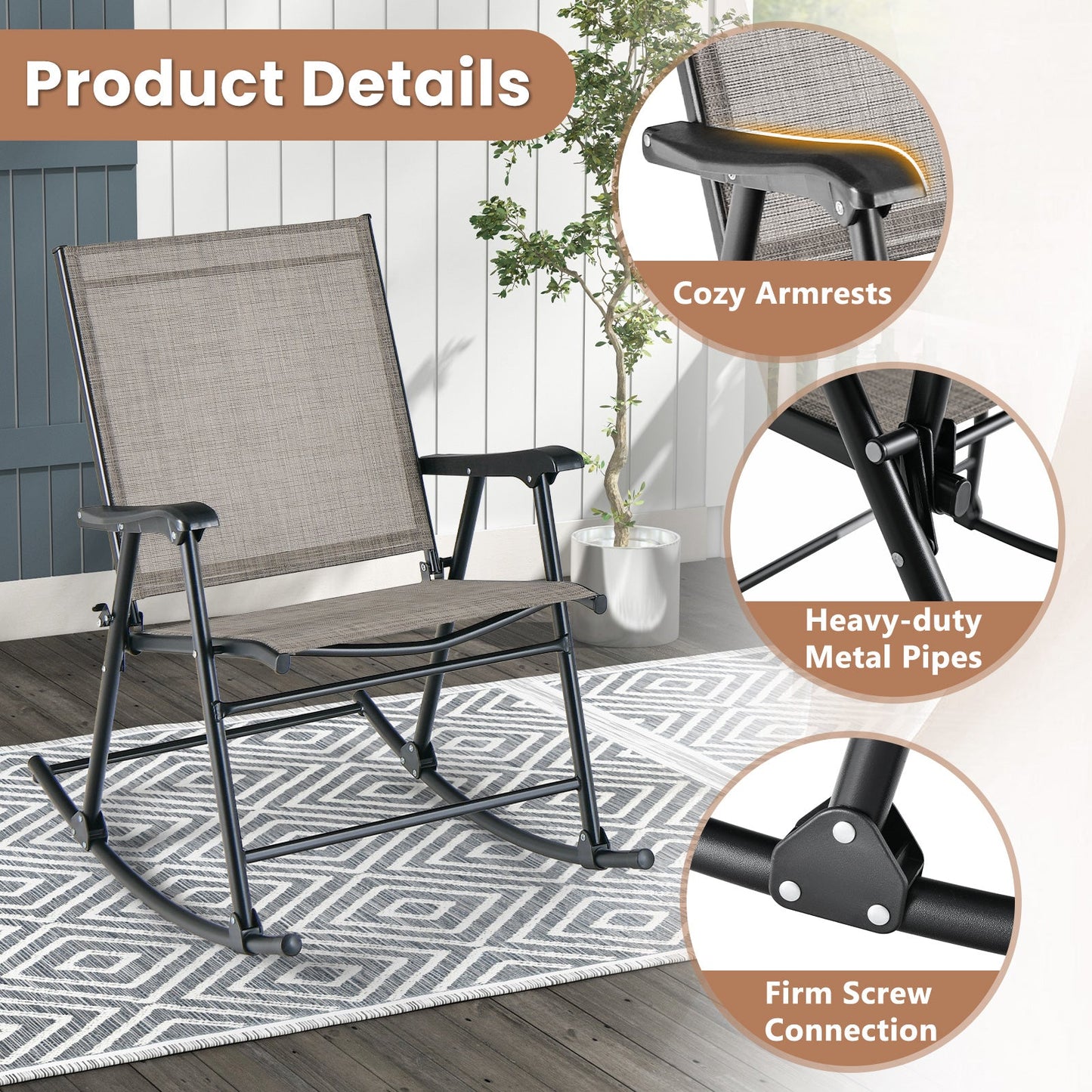 Folding Rocking Chair with Breathable Seat Fabric Set of 2-Brown