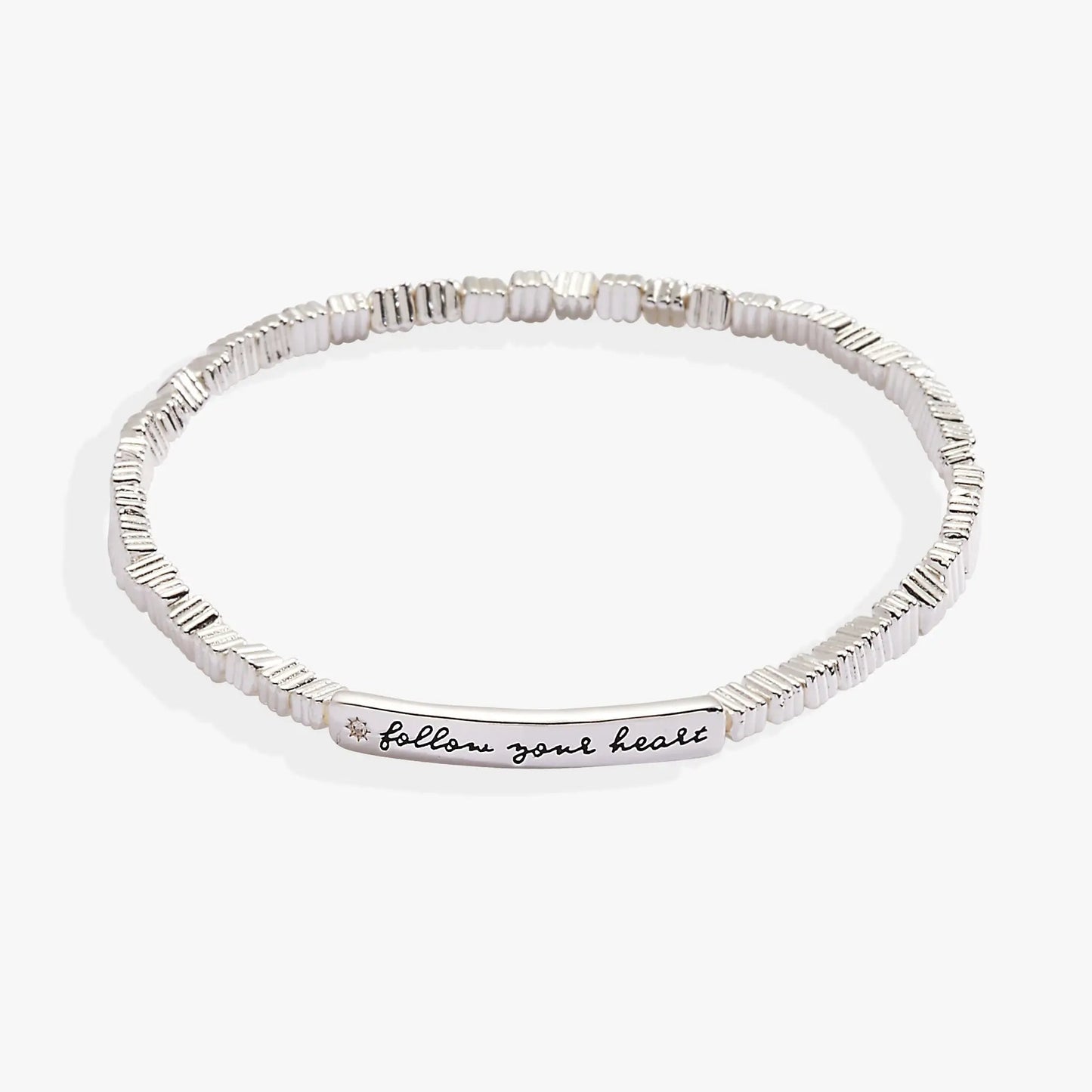 Follow Your Heart stretch bracelet in silver-tone with ribbed beads and engraved plate on Tampa Home & Garden Store