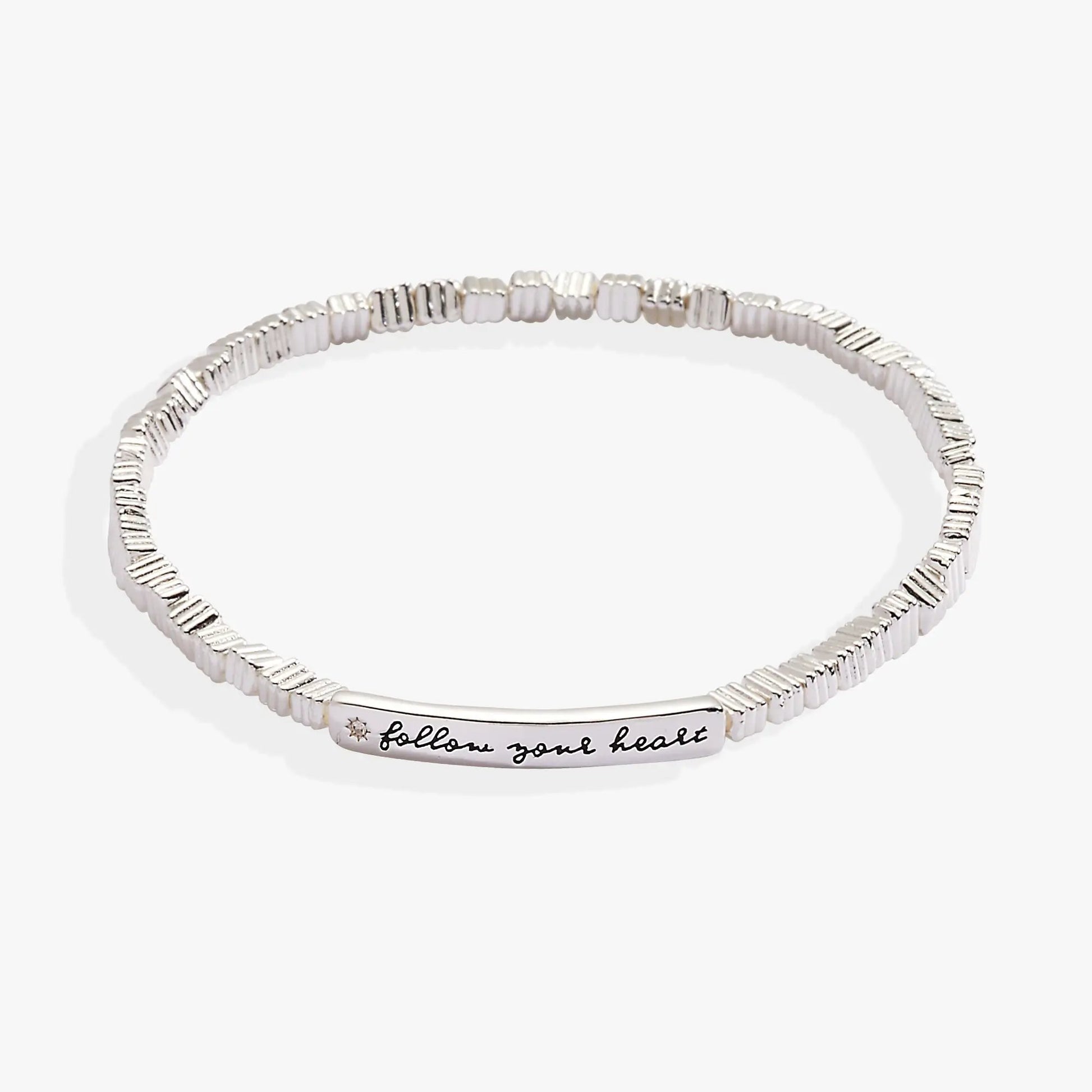 Follow Your Heart stretch bracelet in silver-tone with ribbed beads and engraved plate on Tampa Home & Garden Store