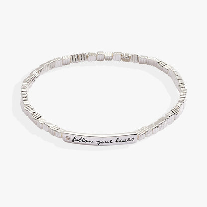Follow Your Heart stretch bracelet in silver-tone with ribbed beads and engraved plate on Tampa Home & Garden Store